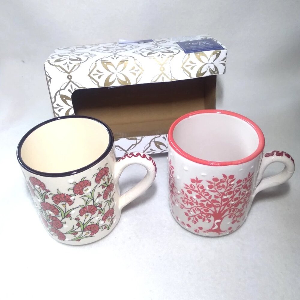2 Artisan Nakkas Cini Turkish Ceramic Coffee Mugs Hand-Painted 4" Tall NEW BOX